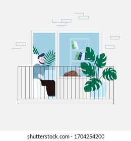 Flat illustration of a man with a beard staying home for the quarantine, working on a laptop in the living room, sitting in the chair. Facade of an apartment house balcony door.