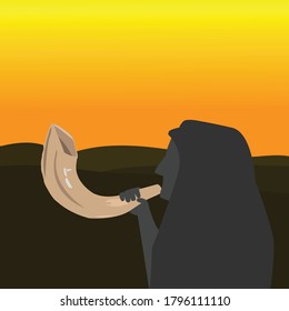 flat illustration of man blowing shofar under the sky