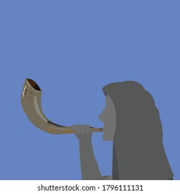 flat illustration of man blowing shofar under the sky