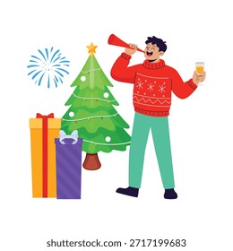 Flache Illustration eines Mannes, der Neujahr feiert, mit einem Partyhorn und einem Getränk in der Nähe eines Weihnachtsbaums
