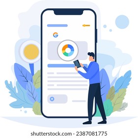 Flat illustration of a man with a cell phone against a background of plants