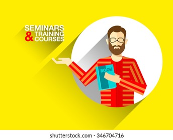 Flat illustration of man charakter in sweater with beard, glasses, book in hand. Business banner for seminars, workshops, courses, trainings, knowledge transfer, coaching on positive yellow background