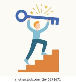 Flat Illustration Man Climbing Stairs Carrying Big Key to Success