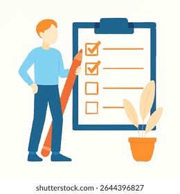 Homem de ilustração plana completando lista de verificação na área de transferência com lápis e planta