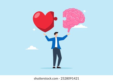 Flat illustration of man connecting heart emotion with logical thinking brain representing emotional intelligence