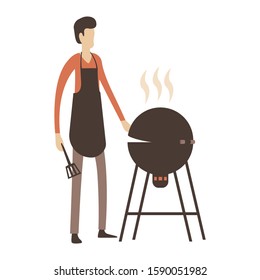 Flat illustration. Man cooking food on grill.