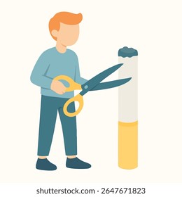 Ilustração plana homem corte de cigarro com tesoura parar de fumar Conceito