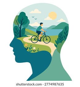 Flat illustration of a man cycling through a scenic nature landscape inside a human head silhouette, symbolizing healthy lifestyle, mental well-being, and eco-friendly transportation on World Bicycle Day