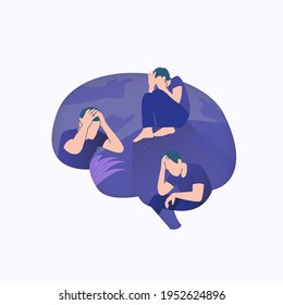 ilustración plana de la depresión humana, el hombre confunde y tiene bipolar, hombre Skizofrenia. Ilustración del concepto de salud mental. Ilustración de un hombre confuso sosteniendo la cabeza, el enfermo en la esquina está asustado 
