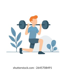 Flat Illustration Man Doing Barbell Lunge Exercise in Outdoor Scene
