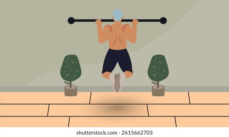 Flat Illustration of a Man Doing Pull-ups with a Towel at Home for sstk Wellness