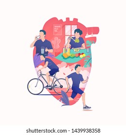 flat illustration of man drinking water, man rides a bike, man jogging and man eat healthy food like a fruit in silhouette of heart, healthy lifestyle for healthy heart, world heart day vector