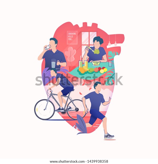 flat illustration of man drinking water, man rides\
a bike, man jogging and man eat healthy food like a fruit in\
silhouette of heart, healthy lifestyle for healthy heart, world\
heart day vector