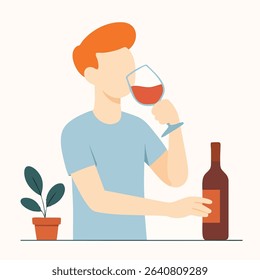 Flat Illustration Man Drinking Wine Alcohol Beverage Bottle Plant Pot Icon