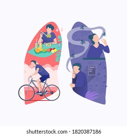 flat illustration of man eat healthy food food, man rides a bike in silhouette of healthy lungs, and illustration of man smoking, women vaping in silhouette of sick lung. Healthy lifestyle for lungs