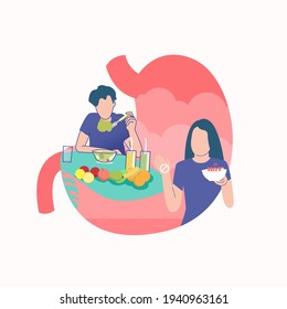 flat illustration of man eat healthy food like a fruit in silhouette of stomach, healthy lifestyle for healthy stomach, women say no to much hot spices food flat vector concept illustration