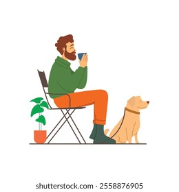 flat illustration Man Enjoying Coffee with Loyal Dog Companion 