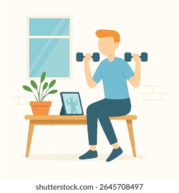 Flat Illustration Man Exercising with Dumbbells at Home Activity