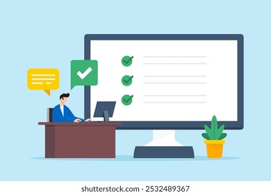 Flat illustration of man finishes online questionnaire on computer completing survey for customer feedback