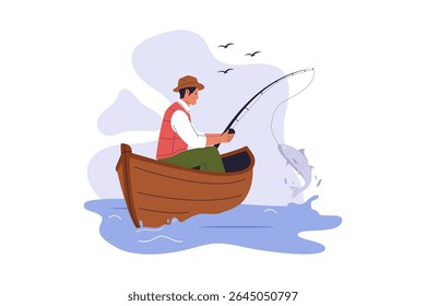 Flat Illustration of Man Fishing on Boat. Illustrations for websites, landing pages, mobile apps, posters and banners