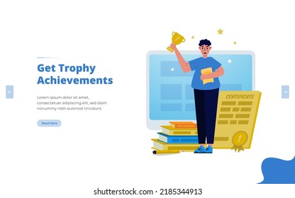 Flat illustration a man gets the trophy achievement for education concept