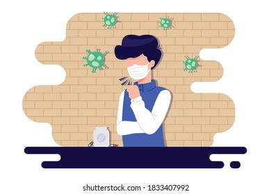 Flat illustration of man getting sick and taking medicine. With a simple and modern vector style.