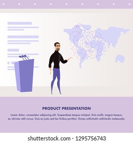 Flat Illustration Man Giving Presentation Speech. Banner Vector World Product Presentation. Conference Business Company to Preparation Product. Huge Screen and World Map Image. Stage for Speaker