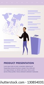 Flat Illustration Man Giving Presentation Speech. Banner Vector World Product Presentation.    