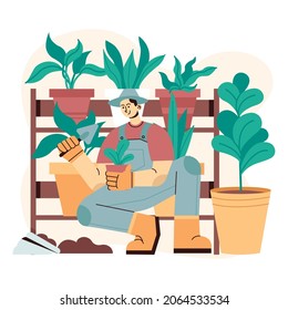 Flat illustration a man grows and taking care houseplants.a young man doing gardening hobby, wearing overalls, wearing yellow gloves and yellow boots growing ornamental plants at home