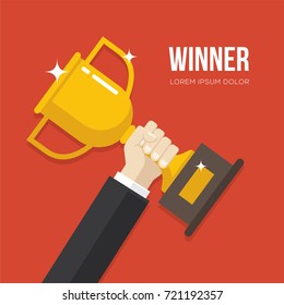 Flat illustration with man hand holding a golden winner cup. Victory, success design concept.