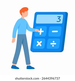 Ilustração plana Man Holding Calculadora Contabilidade Financeira Matemática
