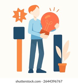 Flat Illustration of Man Holding Giant Bulb Representing a Great Idea Concept