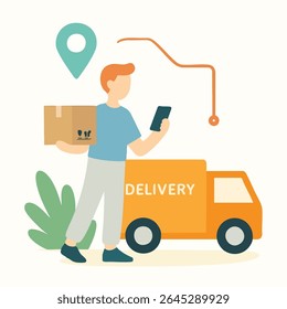 Flat Illustration Man Holding Phone with Delivery Truck Transportation Service