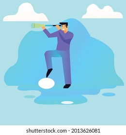 Flat illustration man holding scope and looking at sky in his hand blue color and white clouds