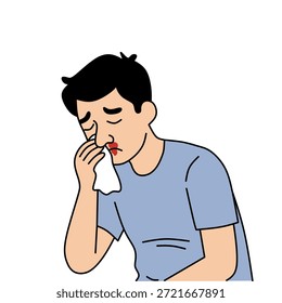 Ilustração plana de um homem segurando tecido com sangramento nasal, representando epistaxe, problema de saúde, gripe, alergia ou conceito de emergência médica isolado no fundo branco