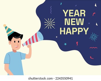 Flat Illustration of a Man holding a trumpet, Happy New Year Vector Illustration Background.