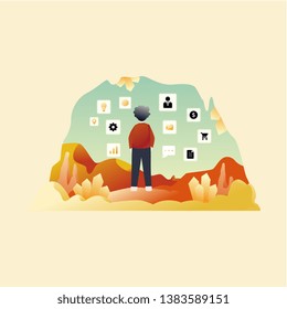 Flat illustration, a Man inside a
cave , marketing, economic,finance analyst, website SEO web design hero image landing page