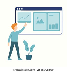 Flat Illustration of Man Interacting with Digital Dashboard Showing Data Analysis
