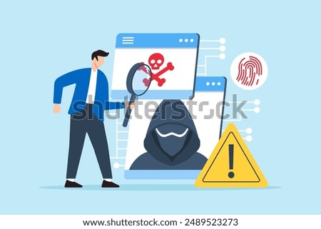 Flat illustration of man investigating cyber threat and digital attacks with magnifying glass