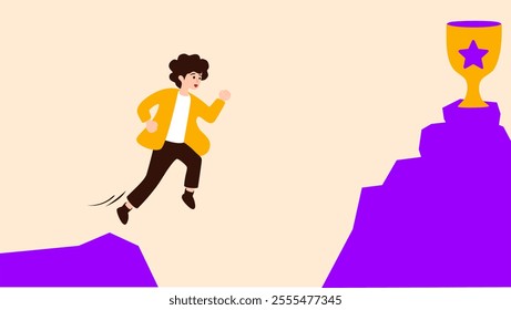 Flat illustration of a man jumping between two cliffs to achieve his goal. Hard work concept.