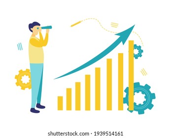 Flat illustration, a man looking ahead using binoculars to see opportunities for business advancement. In blue and yellow.