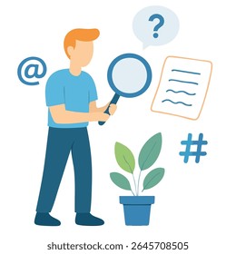 Flat Illustration Man with Magnifying Glass Searching for Information