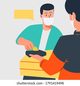 flat illustration of man make payment with EDC machine to avoid spread virus corona and also wear the mask, deliver man with mask, shop from home and deliver flat illustration vector