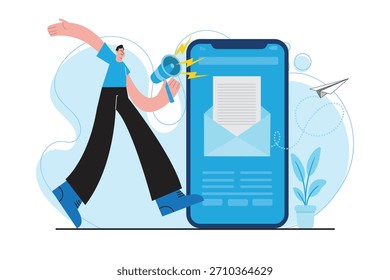 Flat illustration of a man making an announcement through a mobile application with envelope graphics, symbolizing email marketing and digital notifications.