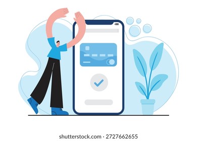 Ilustración plana de un hombre haciendo un pago móvil con un teléfono inteligente y App de tarjetas de crédito. Concepto de pago digital, transacción en línea, fintech y estilo de vida sin efectivo.
