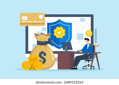 Ilustración plana de un hombre que gestiona la ciberseguridad para instituciones financieras en línea con escudo