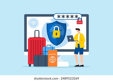 Flat illustration of man managing cybersecurity for travel and tourism protecting traveler information