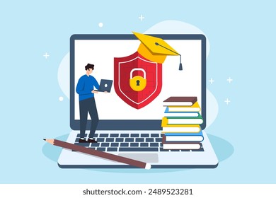 Flat illustration of man managing cybersecurity in education secure online learning and protecting student data