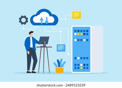 Flat illustration of man managing data backups and protecting against data loss