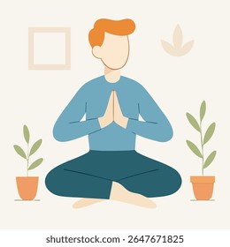 Flat Illustration of Man Meditating in Lotus Position for Relaxing Activity